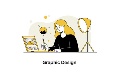 Fototapete - Young woman in black clothing working on graphic design project at a laptop in a modern studio setting. Focused on design task with a professional lighting setup.