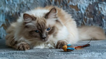 Aufkleber - A domestic cat resting near its favorite plaything, great for lifestyle or pet-themed projects