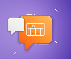 Poster - White Music synthesizer icon isolated on purple background. Electronic piano. Orange speech bubble symbol. Vector