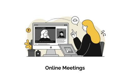Poster - Young woman in business attire participates in an online meeting at her home office. She is seated, listening intently, with multiple video feeds on the monitor and a laptop visible.