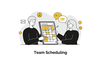 Poster - Young adults in casual clothing collaborating on a digital calendar displayed on a tablet. They are reviewing and planning a team schedule together in a modern office setting.