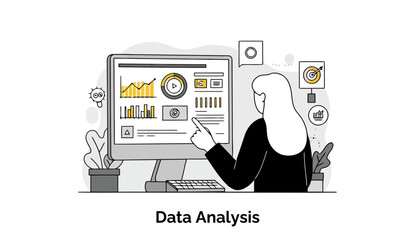 Fototapete - Female data analyst reviewing dashboard with graphs and charts on computer screen. Focused on data analysis in office setting.