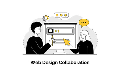 Poster - Young adults collaborating on web design project in a modern office setting. Two web designers interacting with a computer screen, working together.