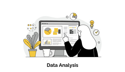 Fototapete - Female data analyst in business attire examining data on a computer screen in an office setting. Female professional pointing at a computer screen with data visualizations at a workplace.