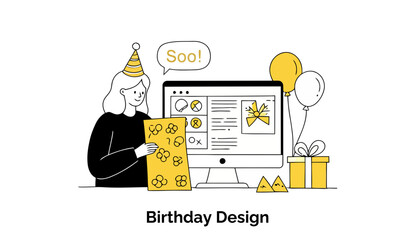 Fototapete - Young woman in a black top designing a birthday gift using a computer with balloons and presents. Happy female graphic designer working on birthday design project in a home office.