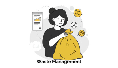 Poster - Female professional holding a garbage bag in a waste management office setting. Focused on waste management process.