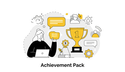 Poster - Young woman in casual wear reviewing achievement data on a laptop in a modern setting. Female professional examining accolades and recognition in a digital office space.