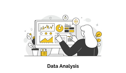  - Female data analyst in business attire examining a computer screen displaying multiple charts and graphs. Analyzing data at her workstation in a modern office setting.