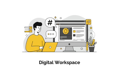 Poster - Young adult working from home in casual wear. Focused on a computer monitor displaying various digital applications.