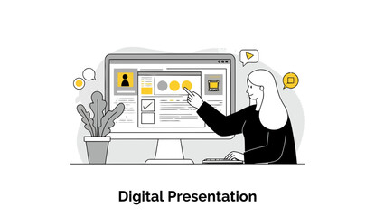 Poster - A female professional in business attire presenting a digital presentation on a computer monitor in an office setting. Woman pointing at information on screen with a modern interior.
