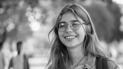 Aufkleber - A happy woman with glasses looks directly at the camera