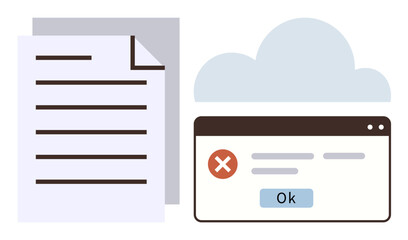 Poster - Document alongside error message in browser window under light cloud. Ideal for technology, data processing, file management, error handling, cloud storage, productivity, workflow simple flat