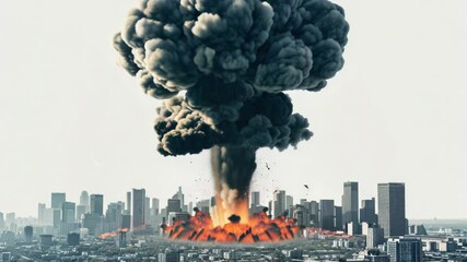 Poster - Huge explosion of smoke and fire in a city street, emergency services on scene