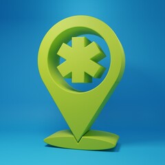 Poster - Green Medical map pointer with cross hospital icon isolated on blue background. Minimalism concept. 3D render illustration