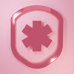 Poster - Pink Medical shield with cross icon isolated on pink background. Protection, safety, password security. Minimalism concept. 3D render illustration