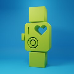 Poster - Green Smart watch showing heart beat rate icon isolated on blue background. Fitness App concept. Minimalism concept. 3D render illustration