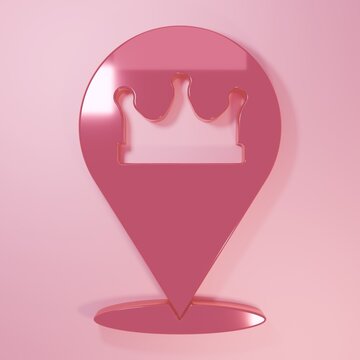 Pink Location king crown icon isolated on pink background. Minimalism concept. 3D render illustration