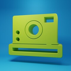 Poster - Green Photo camera icon isolated on blue background. Foto camera icon. Minimalism concept. 3D render illustration