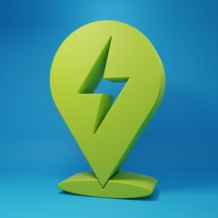 Poster - Green Lightning bolt icon isolated on blue background. Flash icon. Charge flash icon. Thunder bolt. Lighting strike. Minimalism concept. 3D render illustration