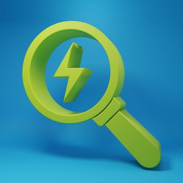 Green Magnifying glass with lightning bolt icon isolated on blue background. Flash sign. Charge flash. Thunder bolt. Lighting strike. Minimalism concept. 3D render illustration