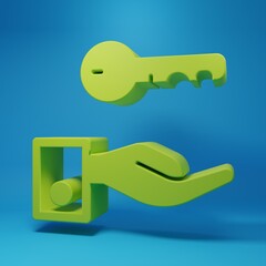 Poster - Green Hotel door lock key icon isolated on blue background. Minimalism concept. 3D render illustration