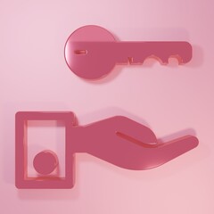 Poster - Pink Hotel door lock key icon isolated on pink background. Minimalism concept. 3D render illustration