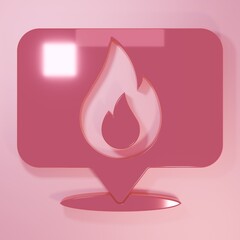 Poster - Pink Map pointer with fire flame icon isolated on pink background. Fire nearby. Minimalism concept. 3D render illustration