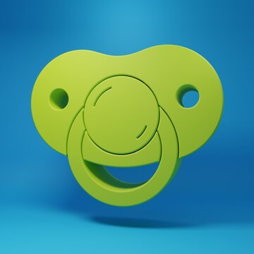 Green Baby dummy pacifier icon isolated on blue background. Toy of a child. Minimalism concept. 3D render illustration
