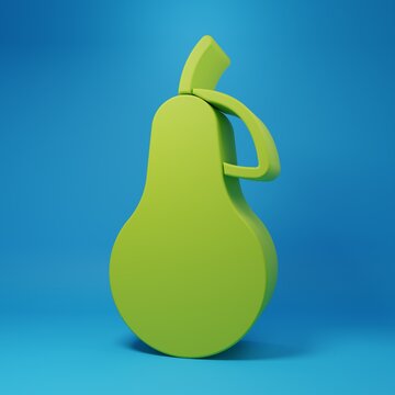 Green Pear icon isolated on blue background. Fruit with leaf symbol. Minimalism concept. 3D render illustration