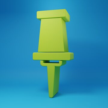 Green Push pin icon isolated on blue background. Thumbtacks sign. Minimalism concept. 3D render illustration