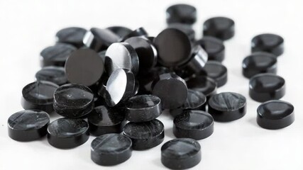 Poster - A pile of black candies sits atop a white table, perfect for use in food or dessert photography
