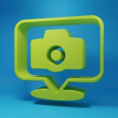 Poster - Green Photo camera icon isolated on blue background. Foto camera. Digital photography. Minimalism concept. 3D render illustration