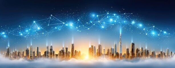 Poster - A futuristic cityscape rises above the clouds, illuminated by a golden sun and connected by a network of glowing data points in the dark blue sky, at twilight.