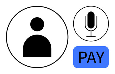 Poster - User profile silhouette in a circle, microphone for voice input, blue PAY button. Ideal for apps, accounts, user settings, voice technology, payment systems, fintech simple landing page