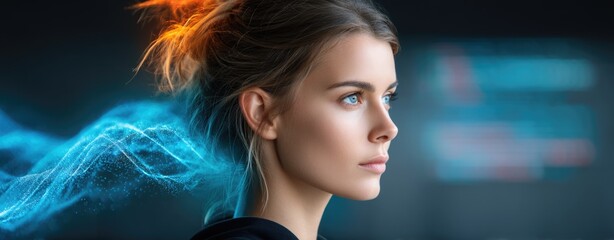 Poster - A beautiful woman with blue eyes gazes into the future, surrounded by ethereal digital energy, embodying innovation and the boundless potential of technology.