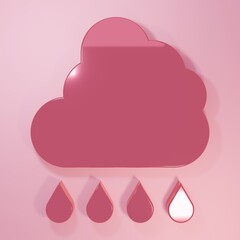 Poster - Pink Cloud with rain icon isolated on pink background. Rain cloud precipitation with rain drops. Minimalism concept. 3D render illustration