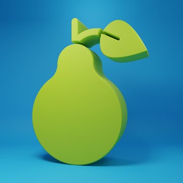 Green Pear icon isolated on blue background. Fruit with leaf symbol. Minimalism concept. 3D render illustration