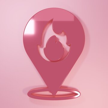 Pink Map pointer with fire flame icon isolated on pink background. Fire nearby. Minimalism concept. 3D render illustration
