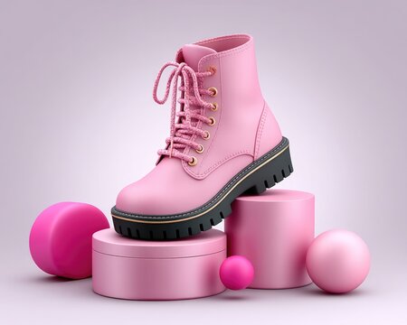 A single pink boot with laces stands on a platform amidst geometric shapes, all rendered in 3D with a soft, pastel color palette against a light background.