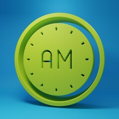 Poster - Green Morning time icon isolated on blue background. Time symbol. Minimalism concept. 3D render illustration