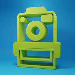 Poster - Green Photo camera icon isolated on blue background. Foto camera. Digital photography. Minimalism concept. 3D render illustration