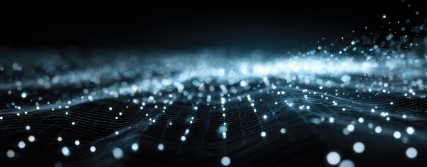 Fototapete - Digital Network: A stunning visual depiction of interconnected digital data streams, with luminous particles weaving across a dark backdrop, capturing the essence of modern technological connectivity.