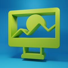 Poster - Green Photo camera icon isolated on blue background. Foto camera. Digital photography. Minimalism concept. 3D render illustration