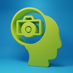 Poster - Green Photo camera icon isolated on blue background. Foto camera. Digital photography. Minimalism concept. 3D render illustration