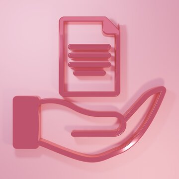 Pink Contract in hand icon isolated on pink background. Insurance concept. Security, safety, protection, protect concept. Minimalism concept. 3D render illustration