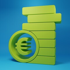 Poster - Green Coin money with euro symbol icon isolated on blue background. Banking currency sign. Cash symbol. Minimalism concept. 3D render illustration