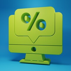 Poster - Green Percent discount and monitor icon isolated on blue background. Sale percentage - price label, tag. Minimalism concept. 3D render illustration