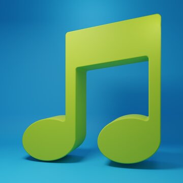 Green Music note, tone icon isolated on blue background. Minimalism concept. 3D render illustration