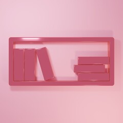 Poster - Pink Shelf with books icon isolated on pink background. Shelves sign. Minimalism concept. 3D render illustration