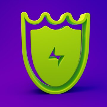 Green Lightning and shield icon isolated on purple-blue background. High voltage shield. Safe energy. Minimalism concept. 3D render illustration
